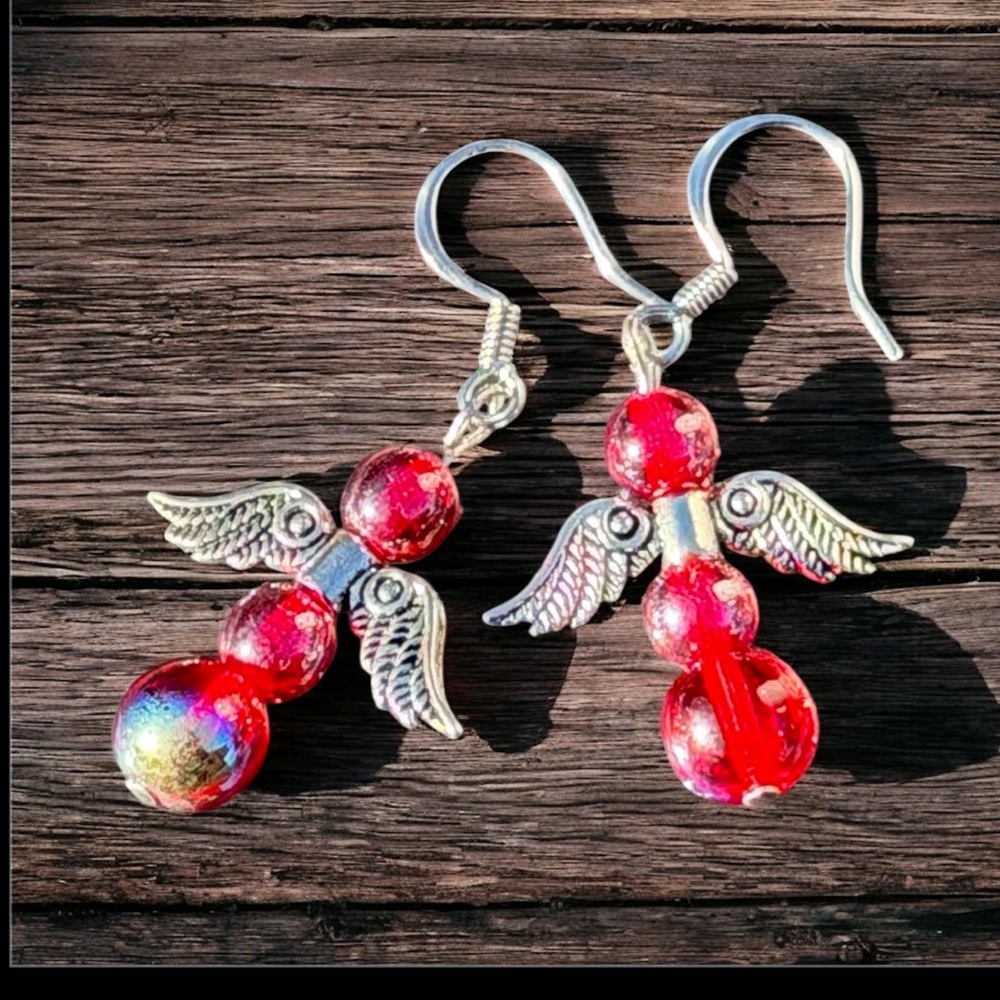 Handcrafted Red Angel Wing Earrings - Picture 8 of 13
